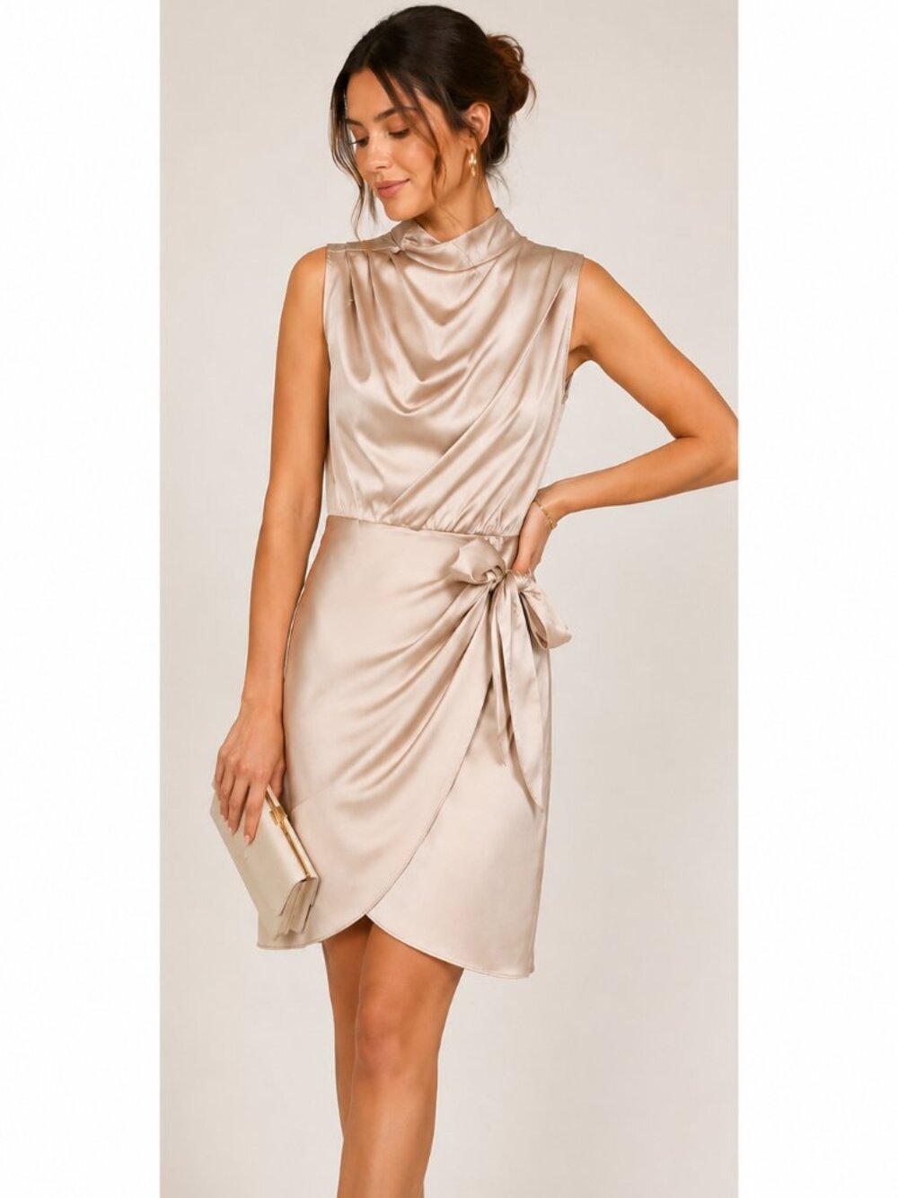 Champagne Satin Draped Mock Neck Wrap Dress with Side Tie Size M